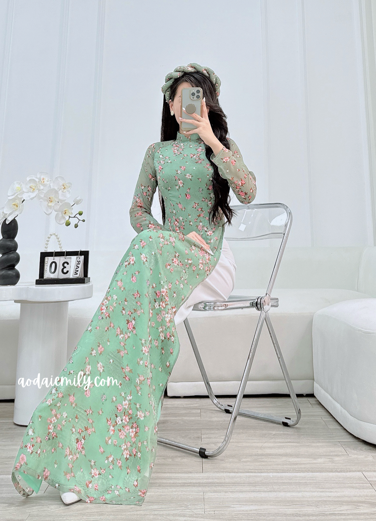 Dark Green Mini Flowers Double layers Ao Dai
