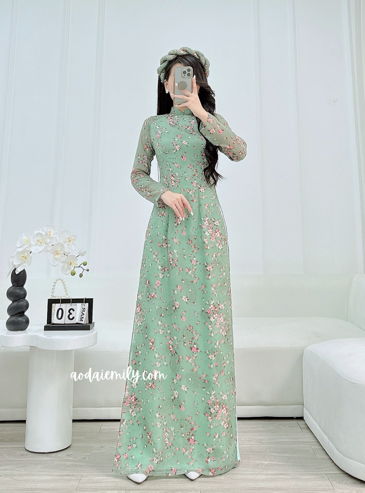 Dark Green Mini Flowers Double layers Ao Dai