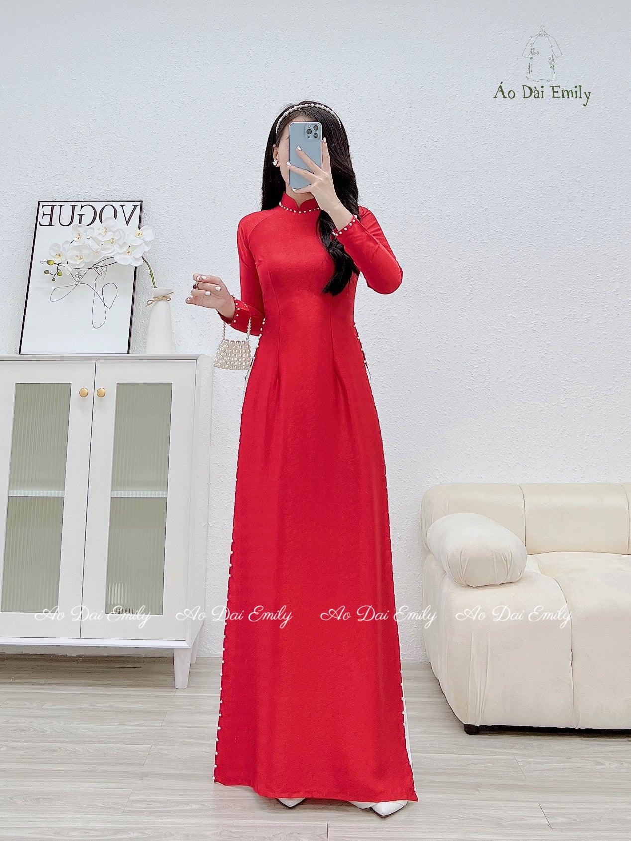 Plain Red ao dai with pearls