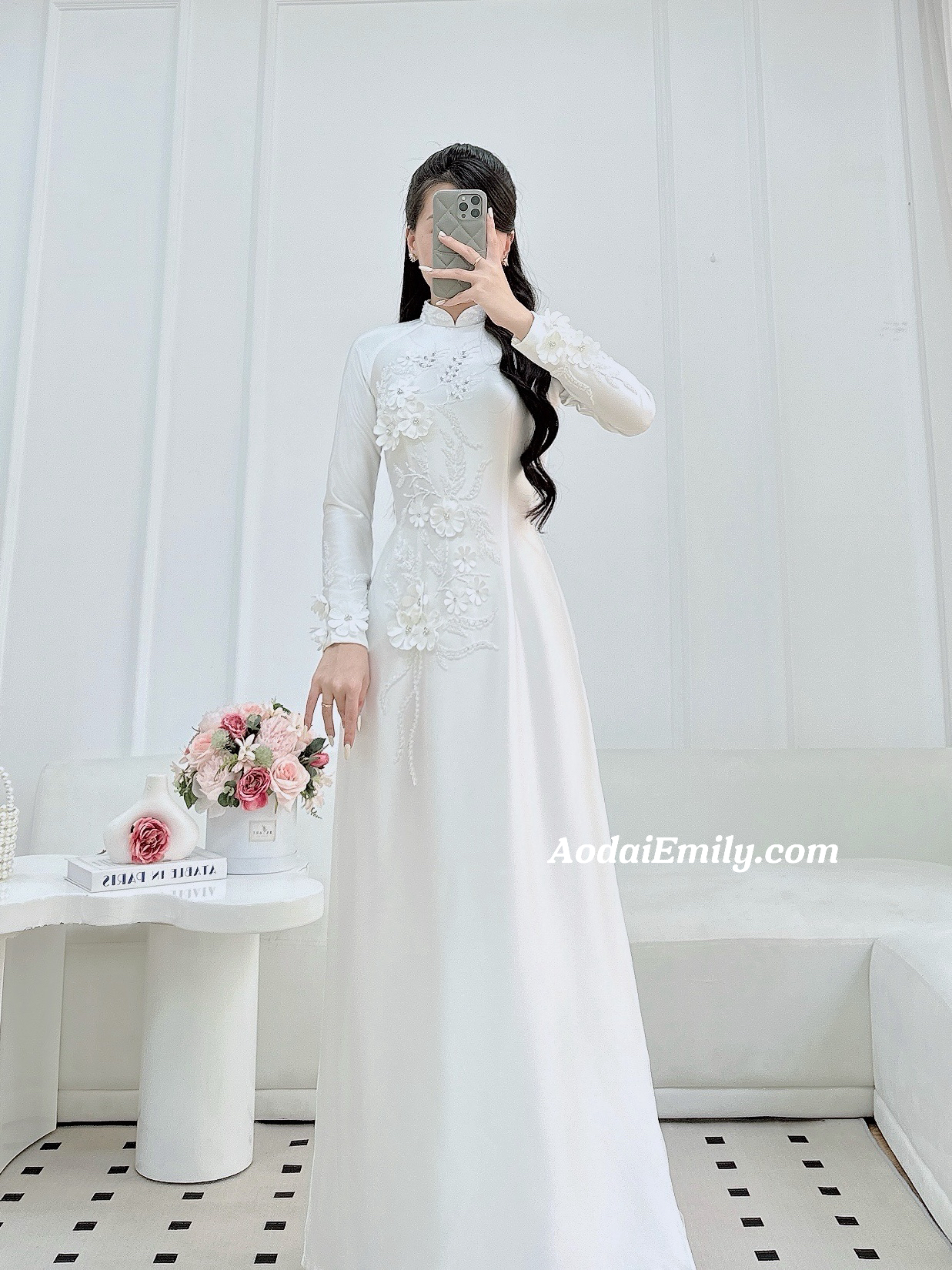 White Traditional ao dai with 3D Flowers and crystals