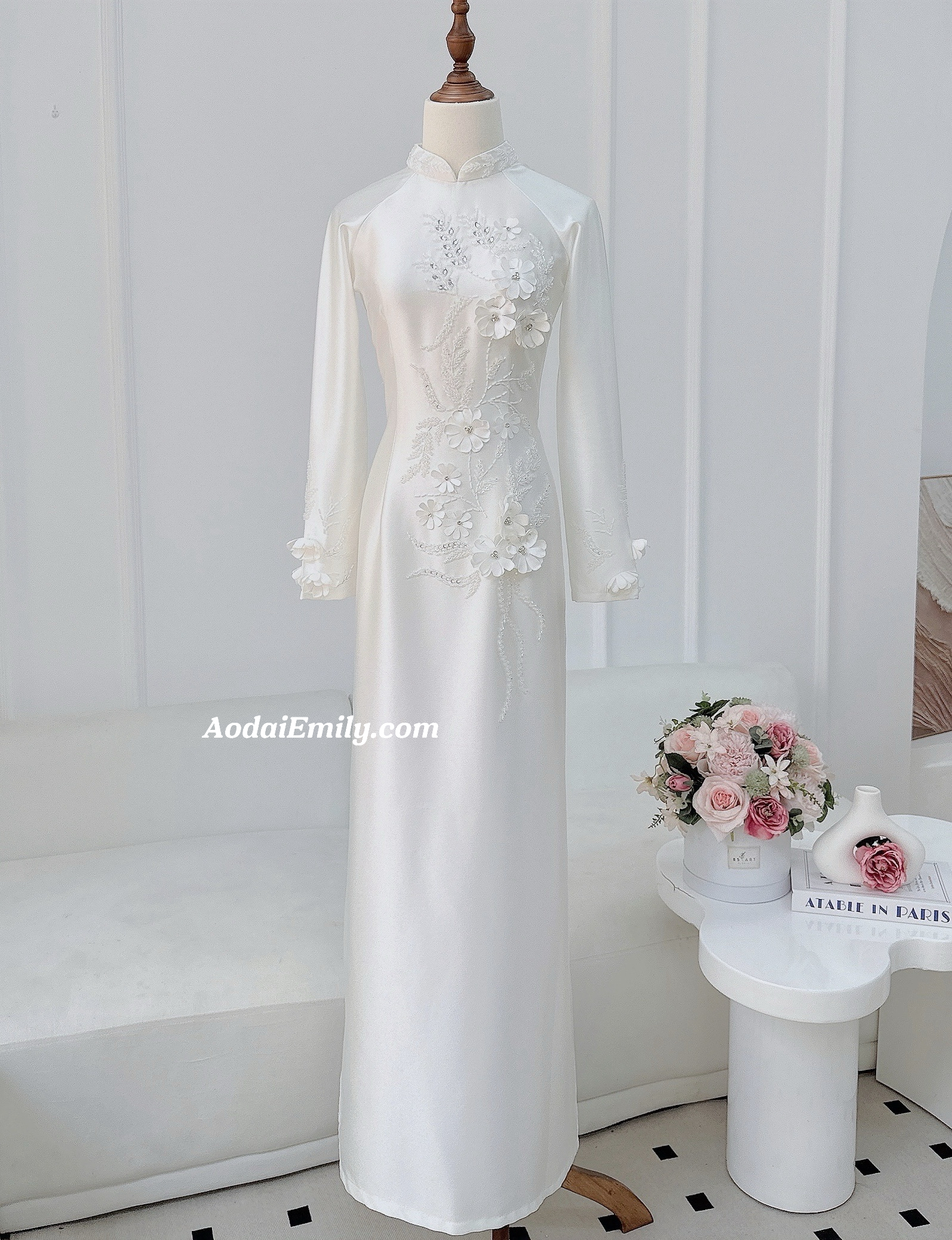 White Traditional ao dai with 3D Flowers and crystals