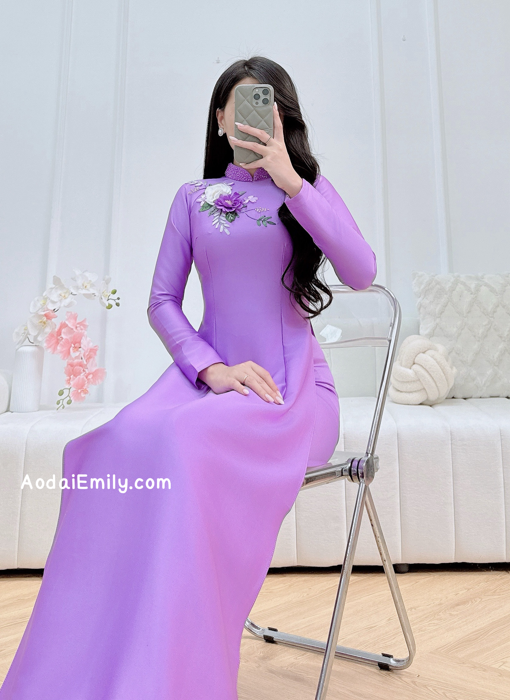 Purple 3D Ribbon embroidery flowers