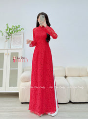 Red Lace and silk áo dài with pearls