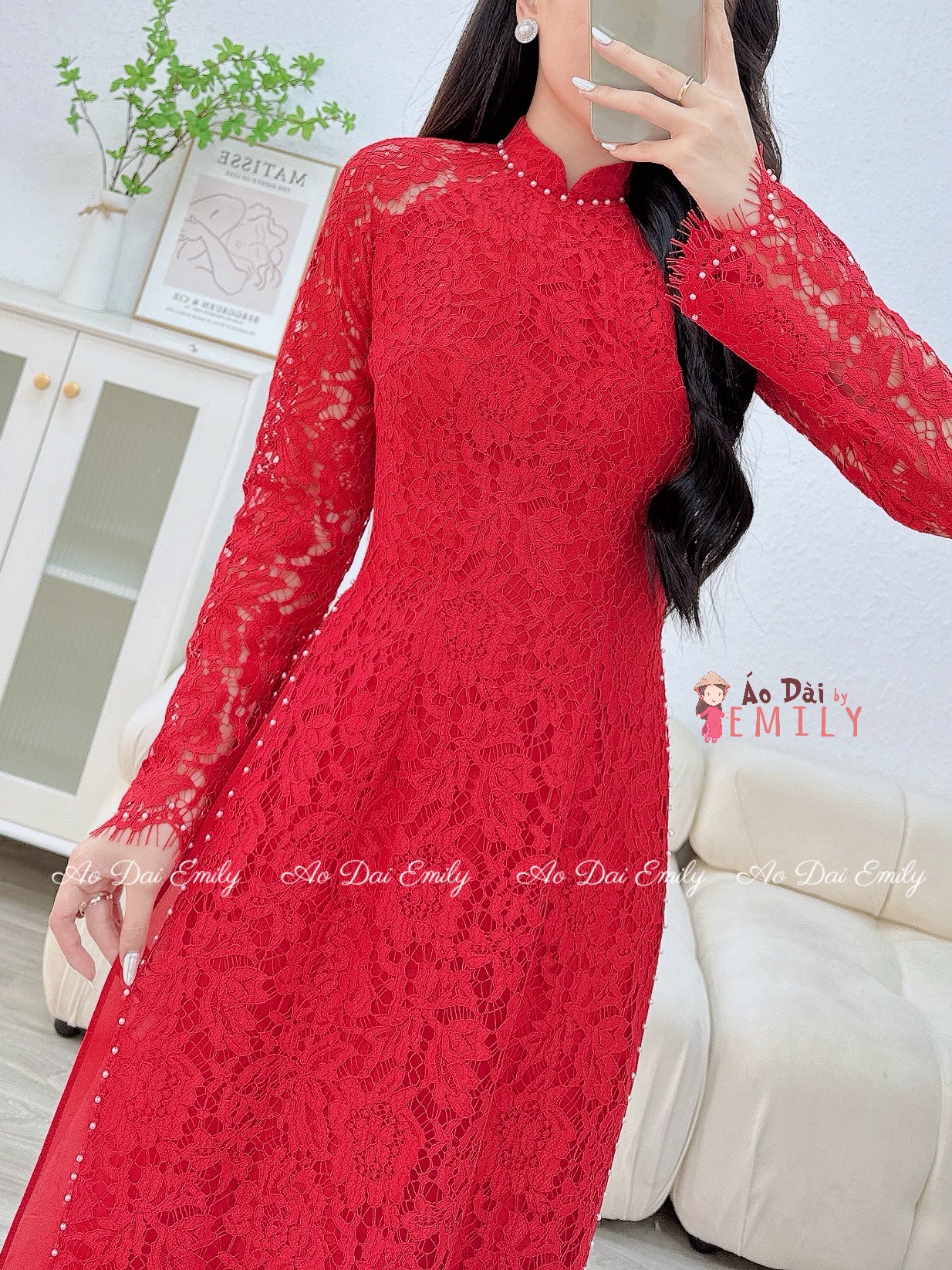 Red Lace and silk áo dài with pearls| Mex Aster