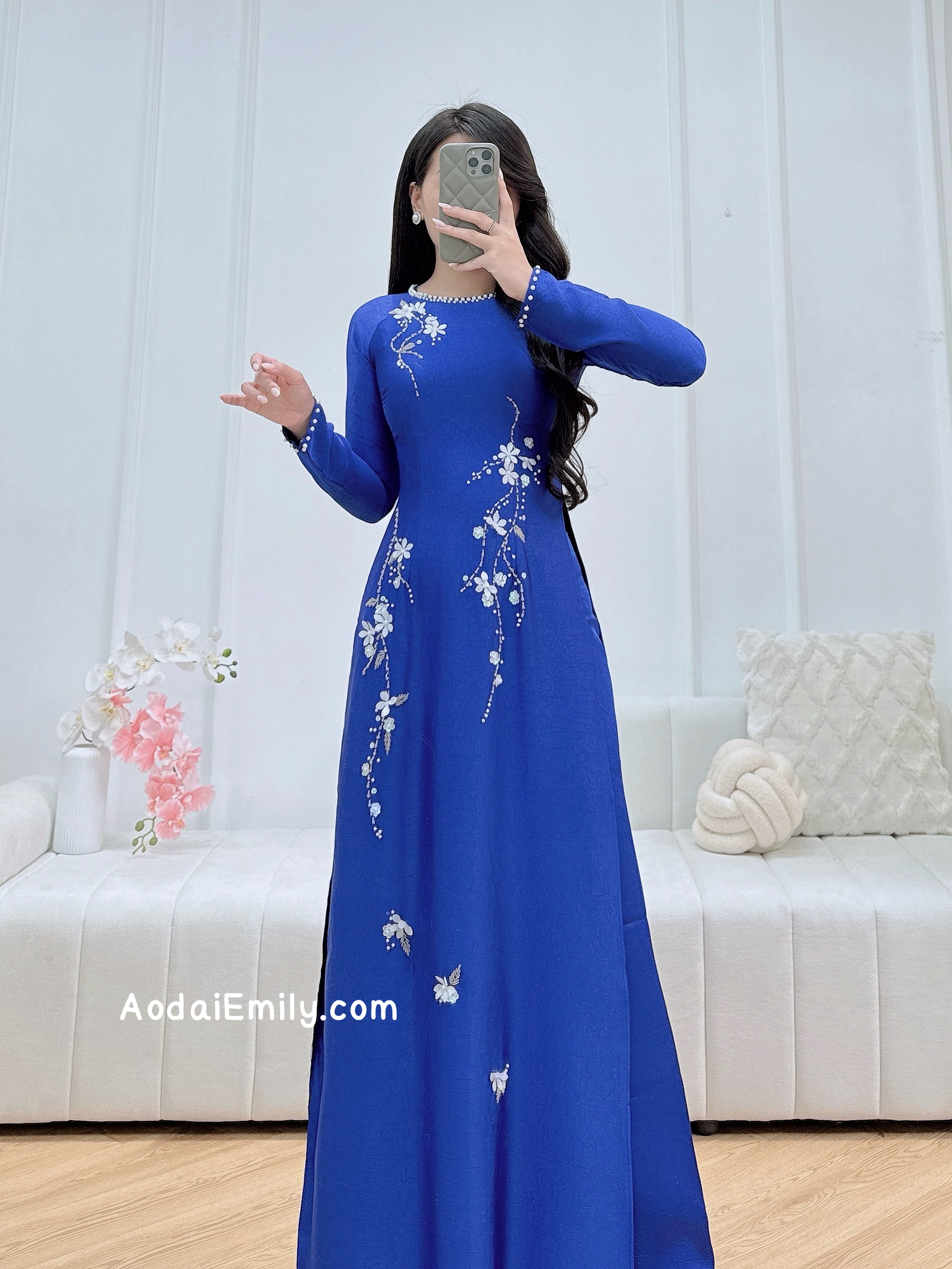 Sapphire Blue 3D flowers with hand beading crystals