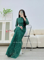 ARIA Green Lace and silk áo dài with pearls