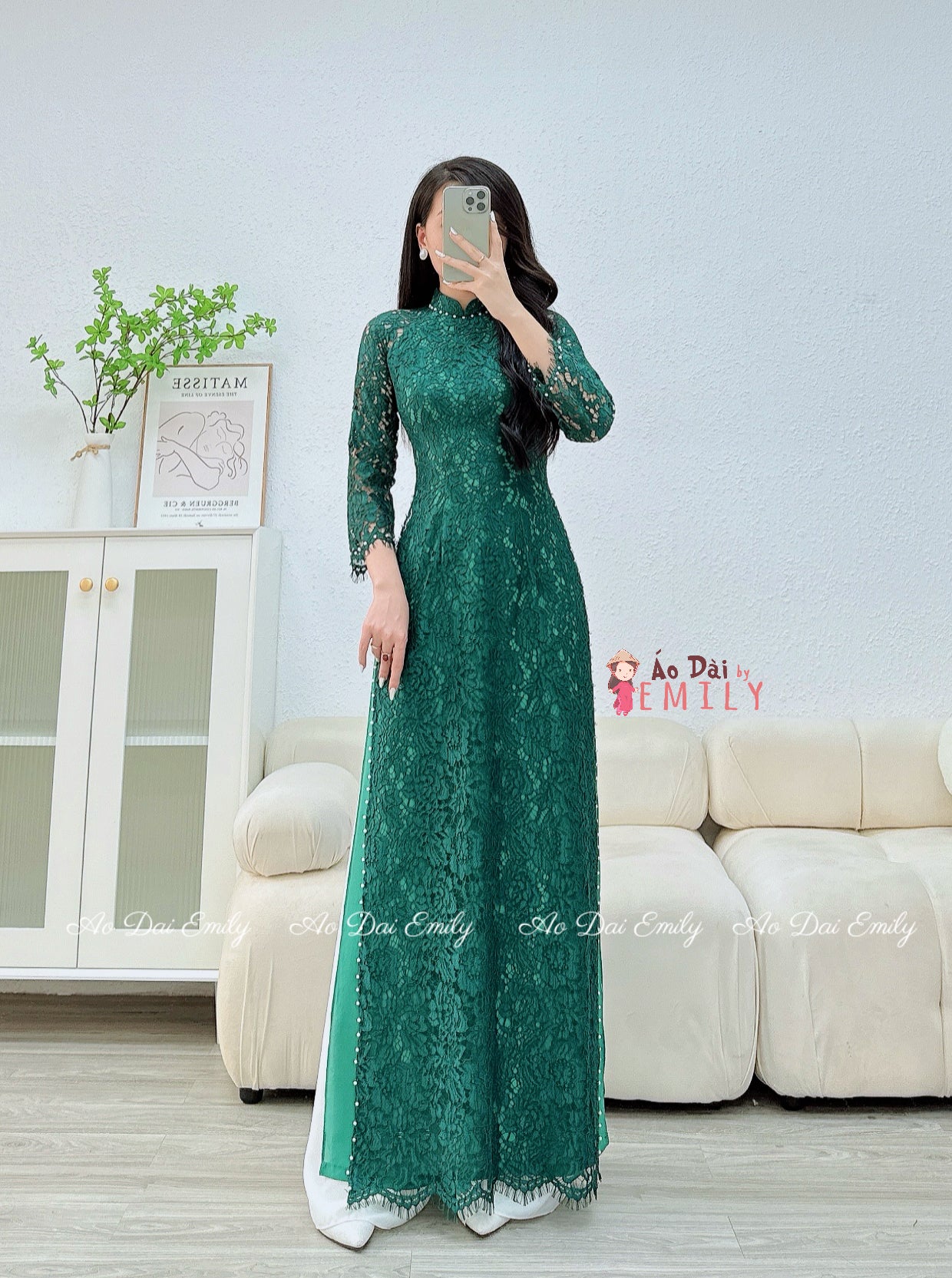 ARIA Green Lace and silk áo dài with pearls