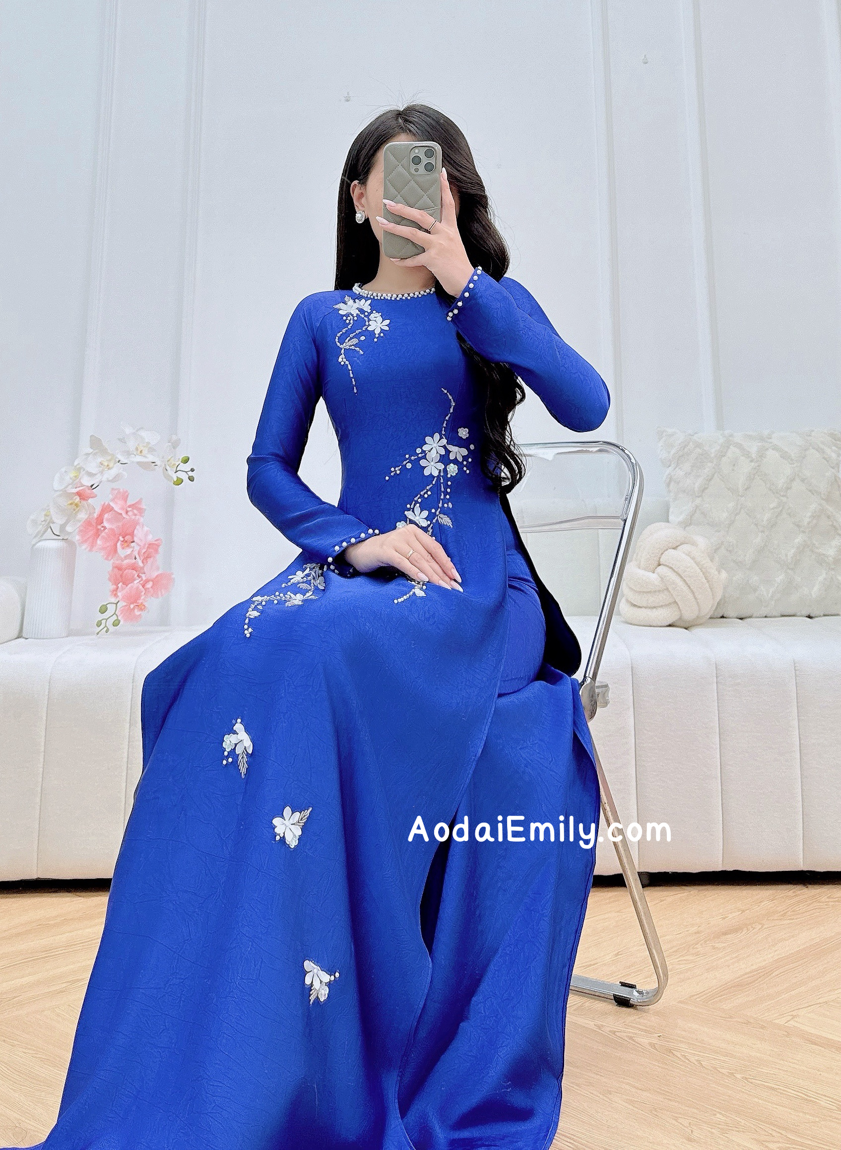 Sapphire Blue 3D flowers with hand beading crystals