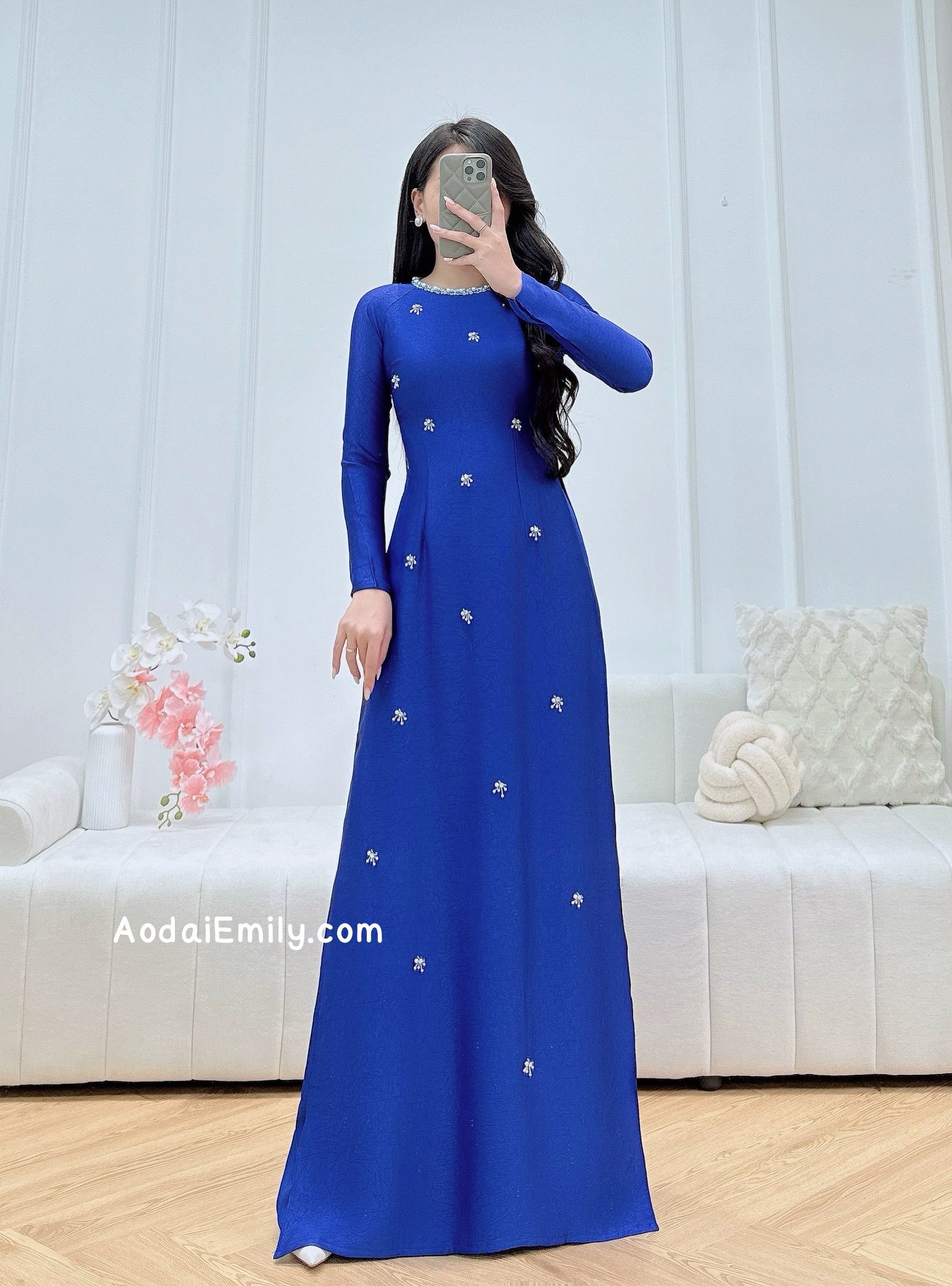 Sapphire Blue with hand beading crystals Pre made ao dai