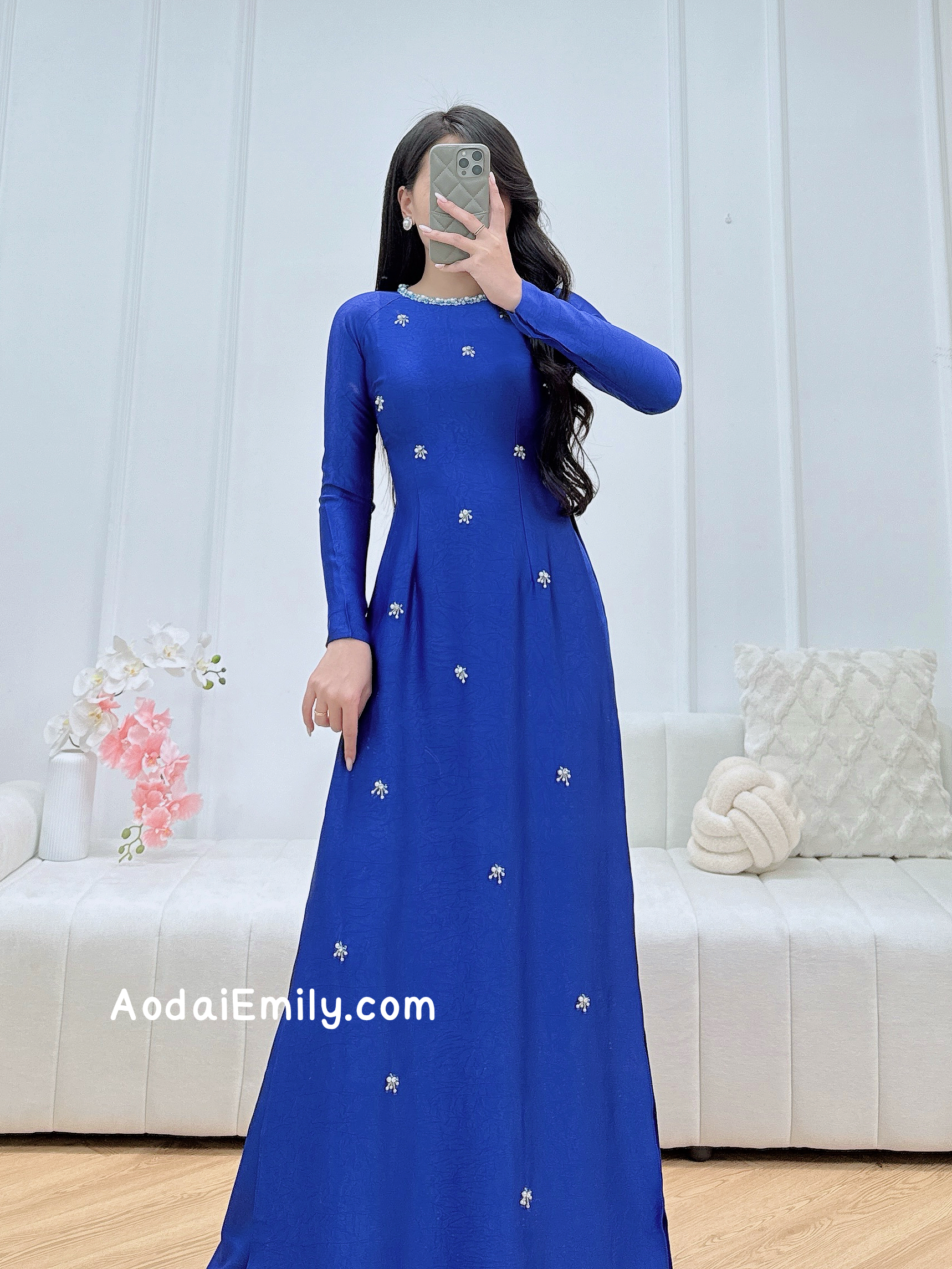 Sapphire Blue with hand beading crystals Pre made ao dai