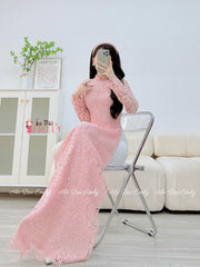RILEY Blush Pink Lace and silk áo dài with pearls