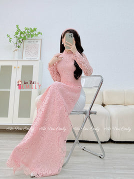 RILEY Blush Pink Lace and silk áo dài with pearls