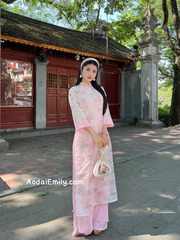 Double layers modern Pink Loosing style ao dai with flowers patterns|MDP004