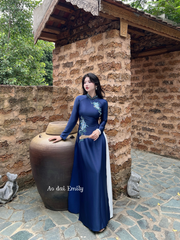 Dark blue Traditional ao dai with beading and embroidery | Rock rose