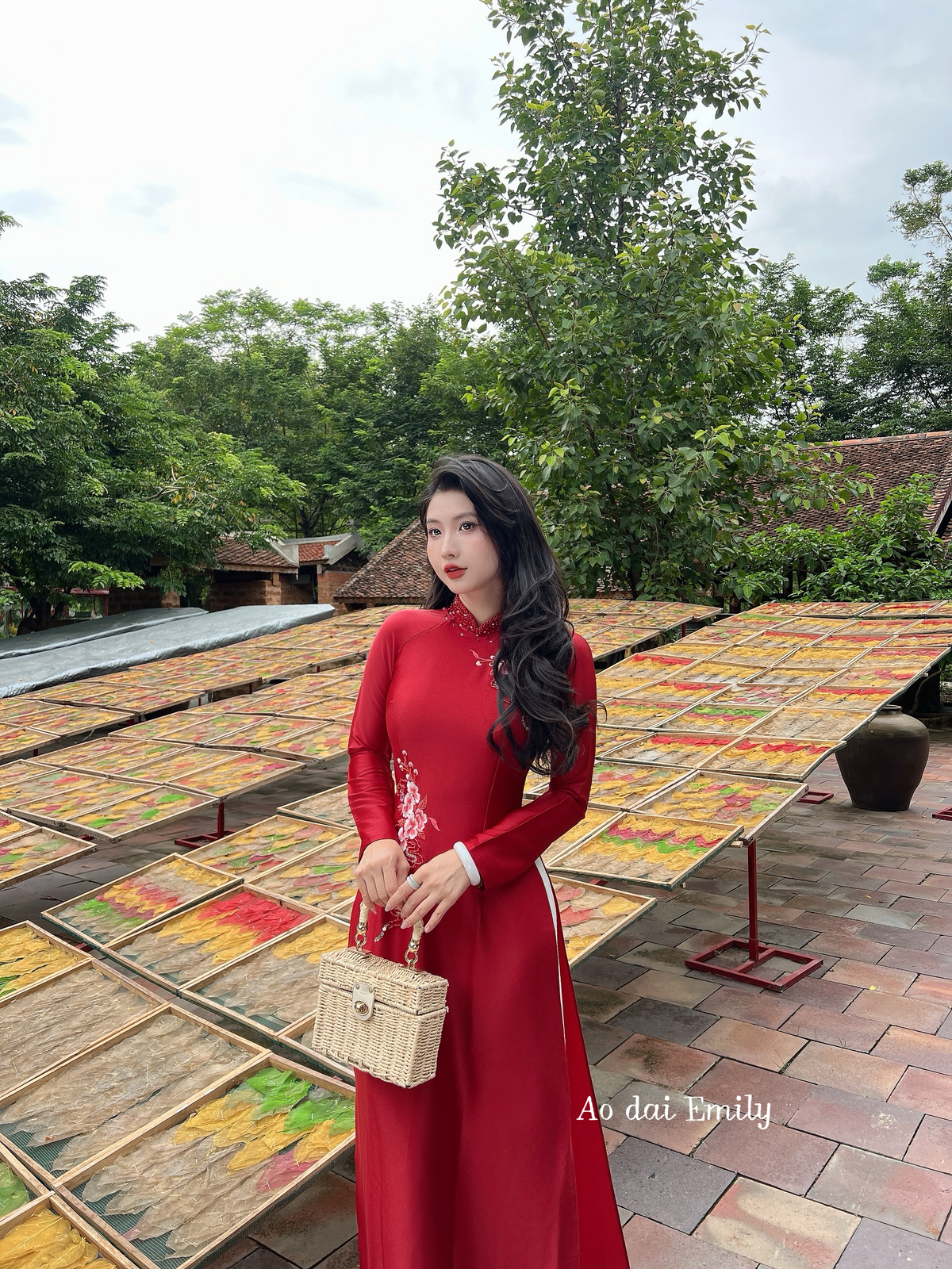 Deep Red Traditional ao dai with beading and embroidery | Poppy Anemones