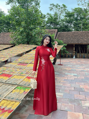 Deep Red Traditional ao dai with beading and embroidery | Poppy Anemones