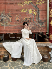 White áo dài gấm with simple pearls beading collar| Lorea