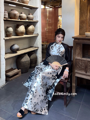 Black/gold Taffeta ao dai set with Cherry Blossom flowers pattern| |MDBK001