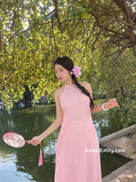 LAKELYN Pink Sleeveless Pre made ao dai simple hand beading flowers