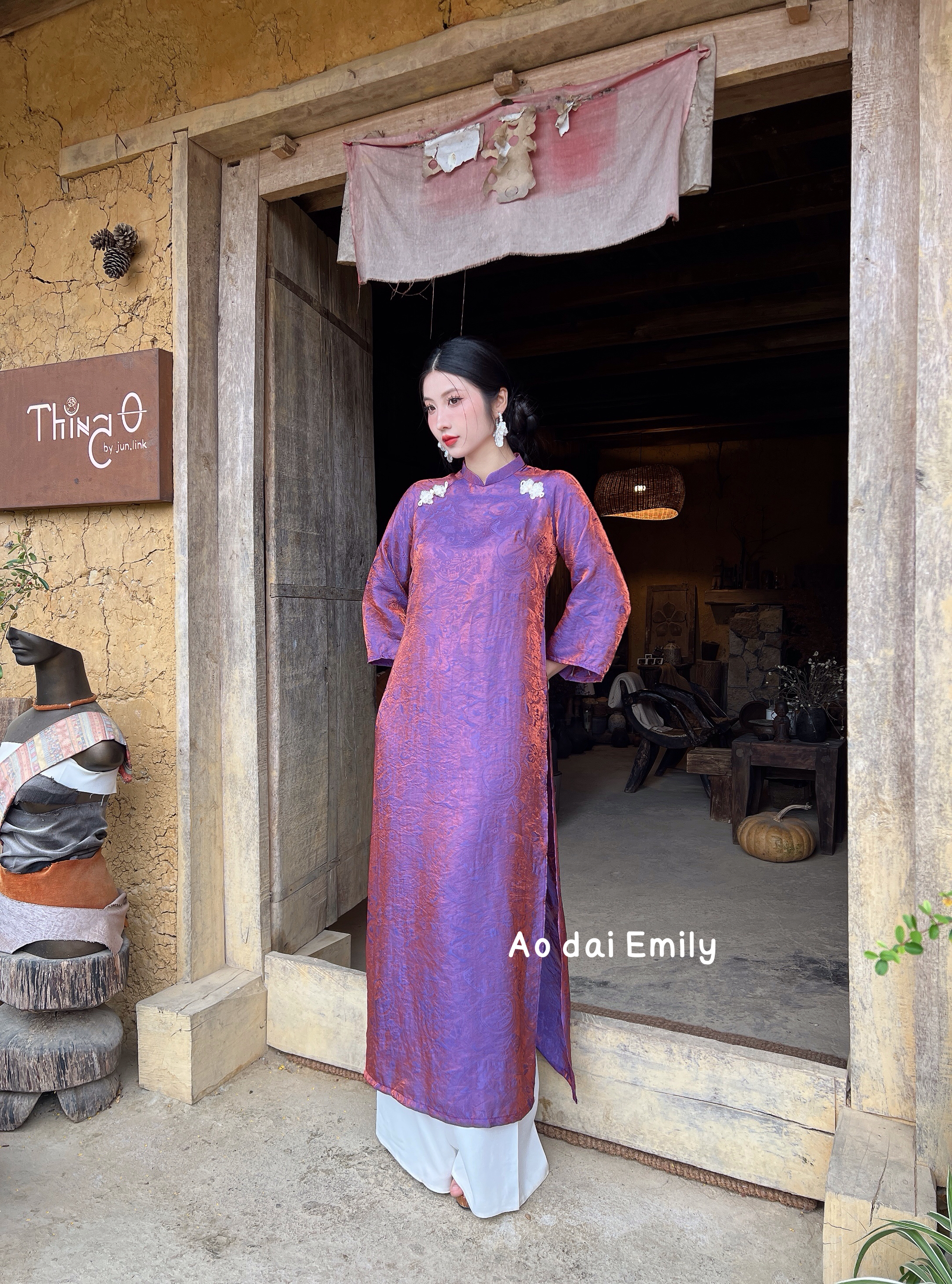 Purple modern Loosing style ao dai with crystal buttons| Begonia