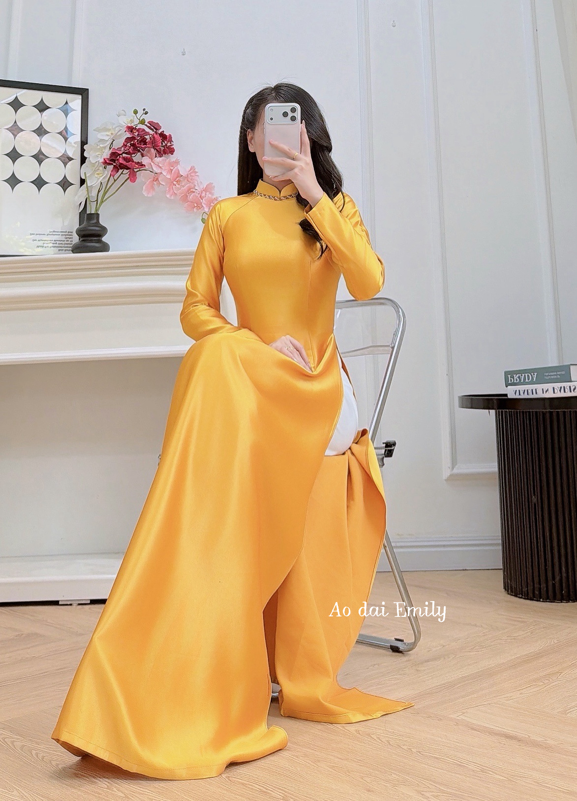 Gold Ao dài  with hand beading collar| Golden bell