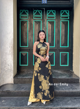GLADIOLUS Black/ Gold sleeveless modern ao dai with roses pattern