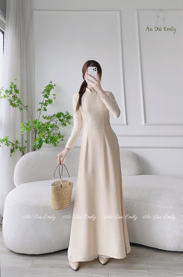 AUTUMN Plain champagne/cream ao dai with pearls