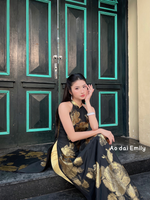 GLADIOLUS Black/ Gold sleeveless modern ao dai with roses pattern