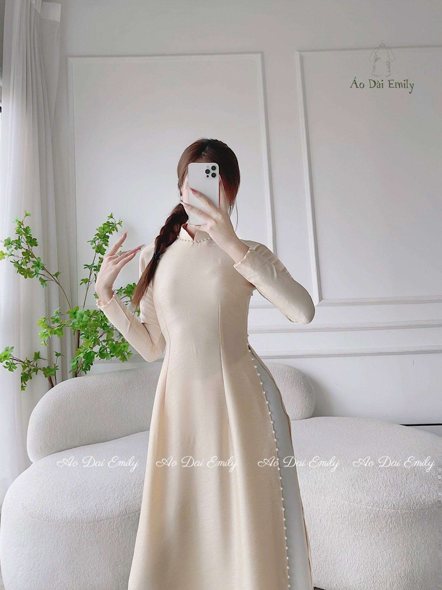 Plain champagne/cream ao dai with pearls| Autumn