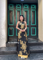 GLADIOLUS Black/ Gold sleeveless modern ao dai with roses pattern