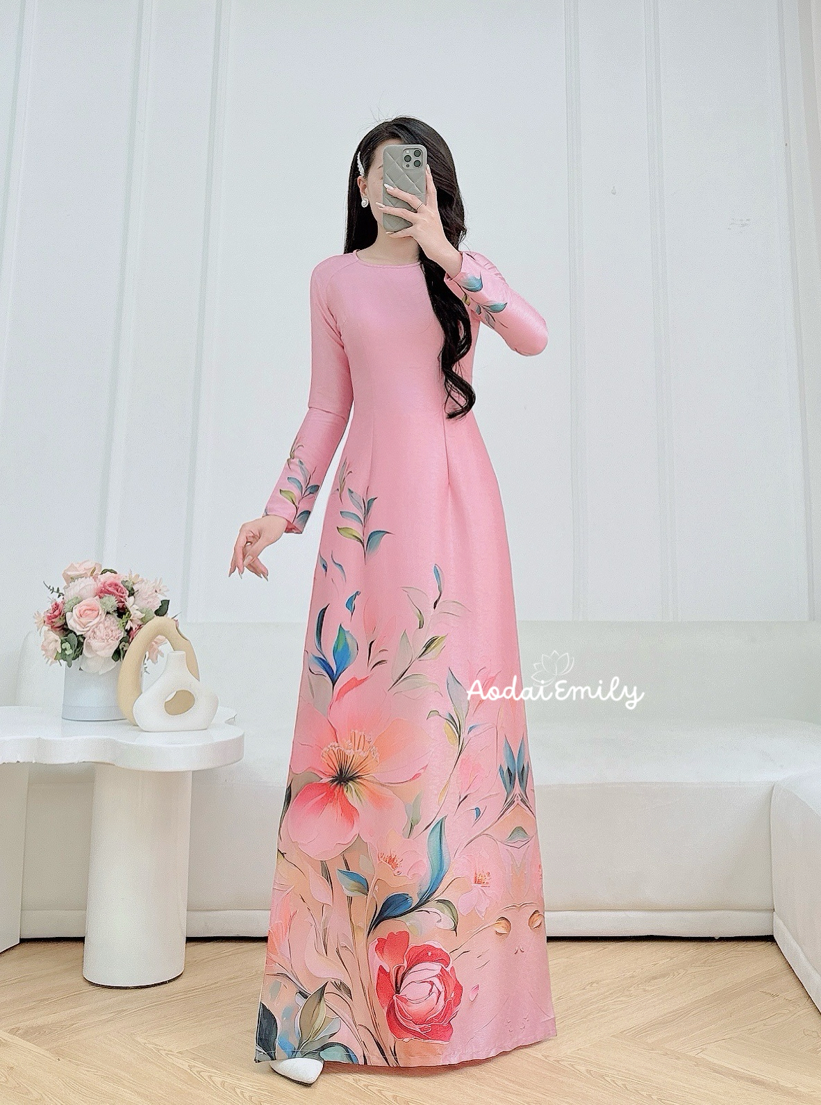 Printed flowers pattern Pre made ao dai for women