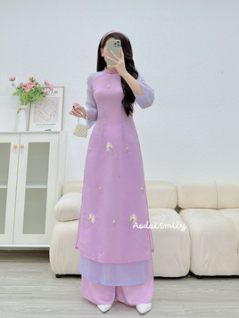 ISABELLA Purple double layers modern ao dai with embroidery flowers