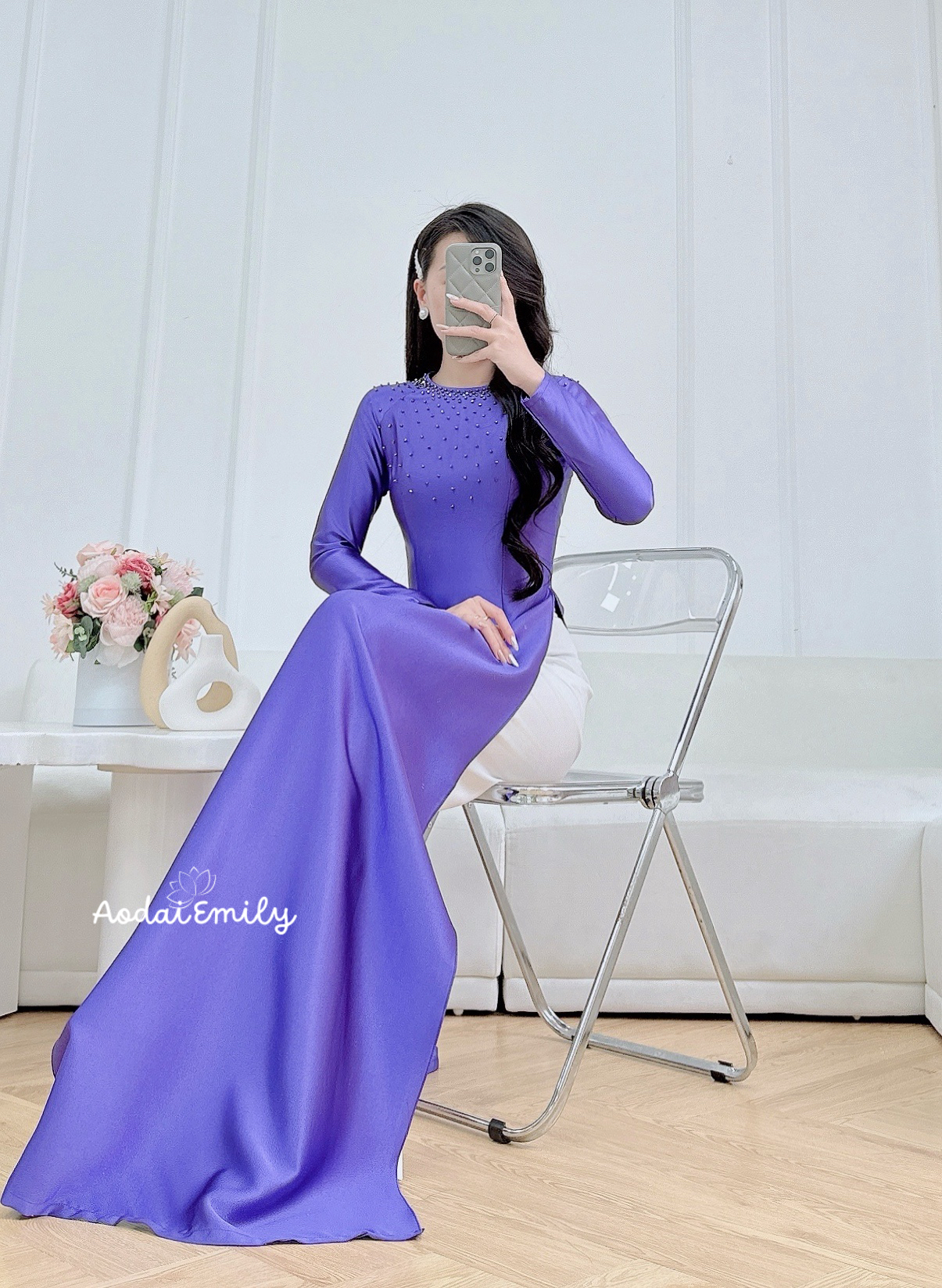Plain purple traditional ao dai with crystals collar