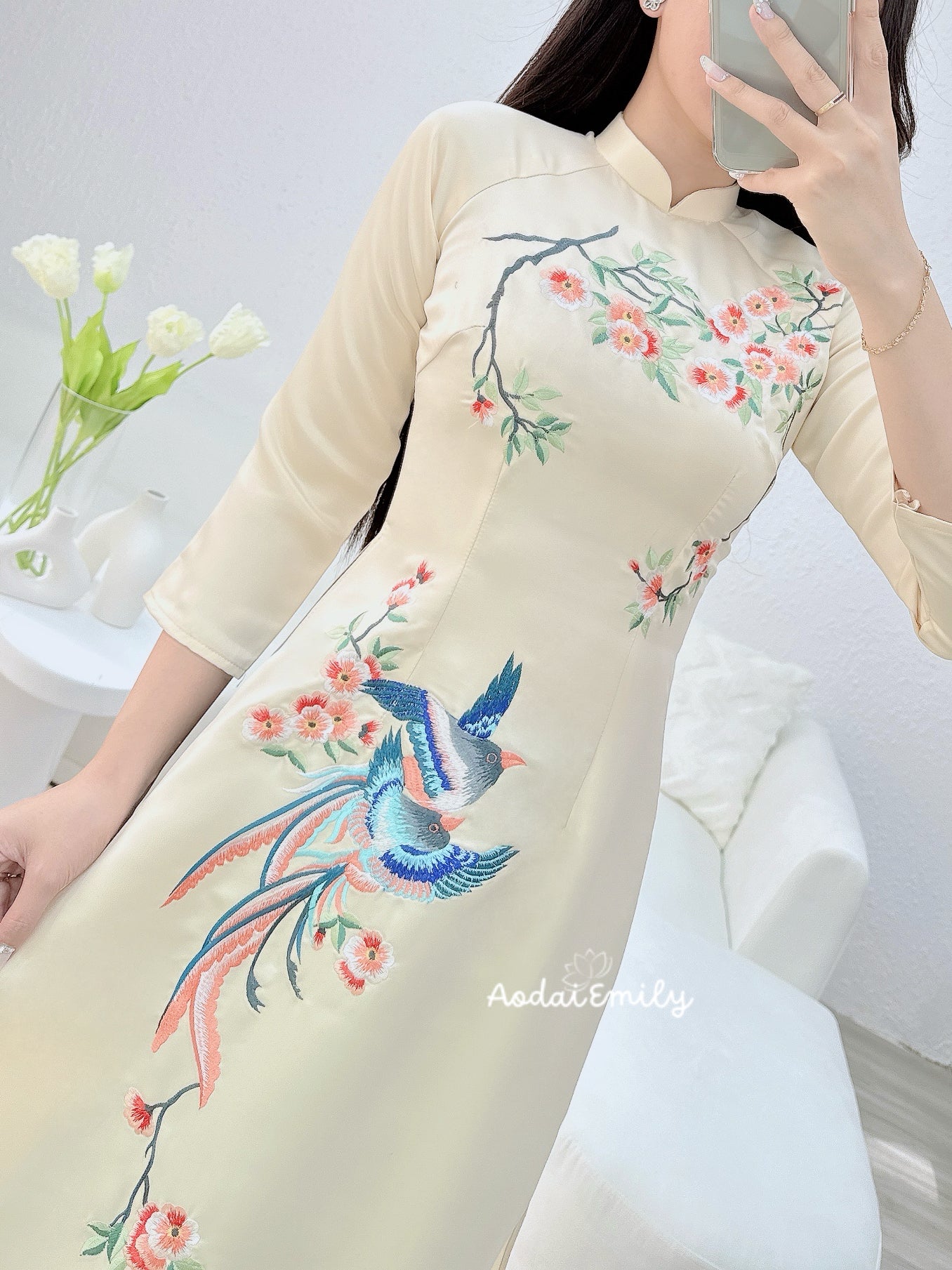 MIA Cream/Blue Spring Flowers Ao Dai set| Taffeta Ao Dai
