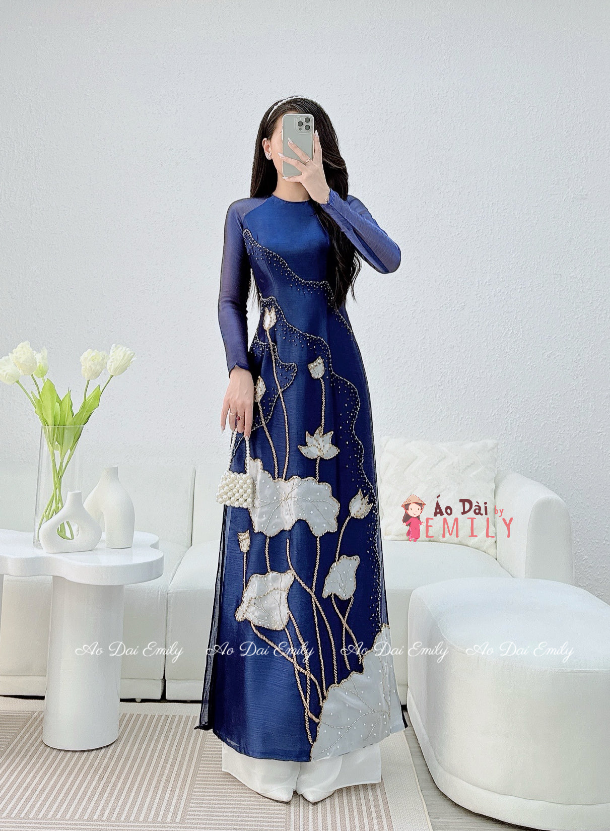Dark Blue ao dai with designed crystals| California Poppy
