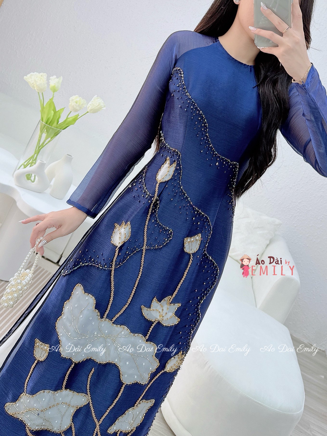 Dark Blue ao dai with designed crystals| California Poppy