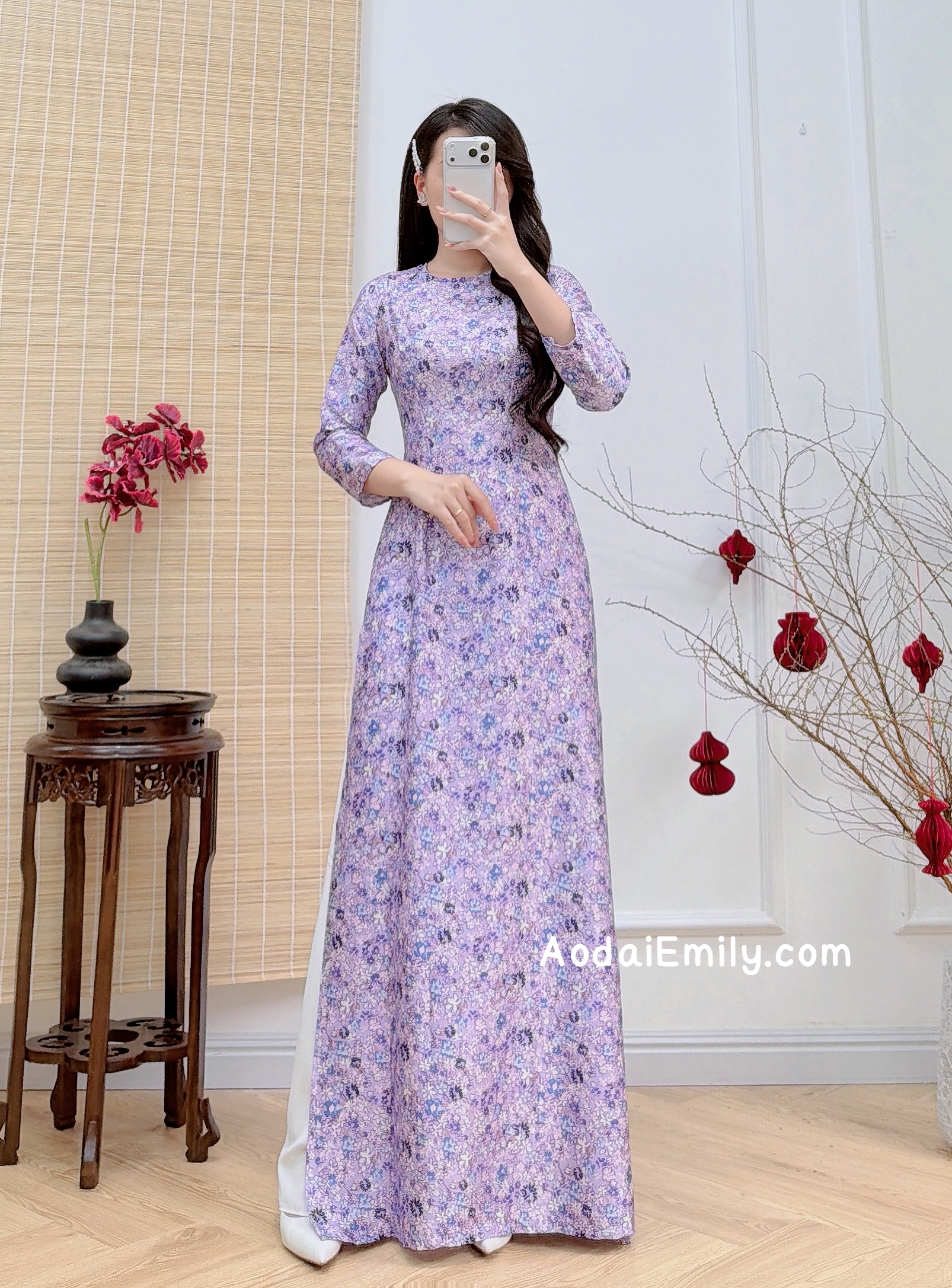 Printed Mini purple flowers patterns Ao dai