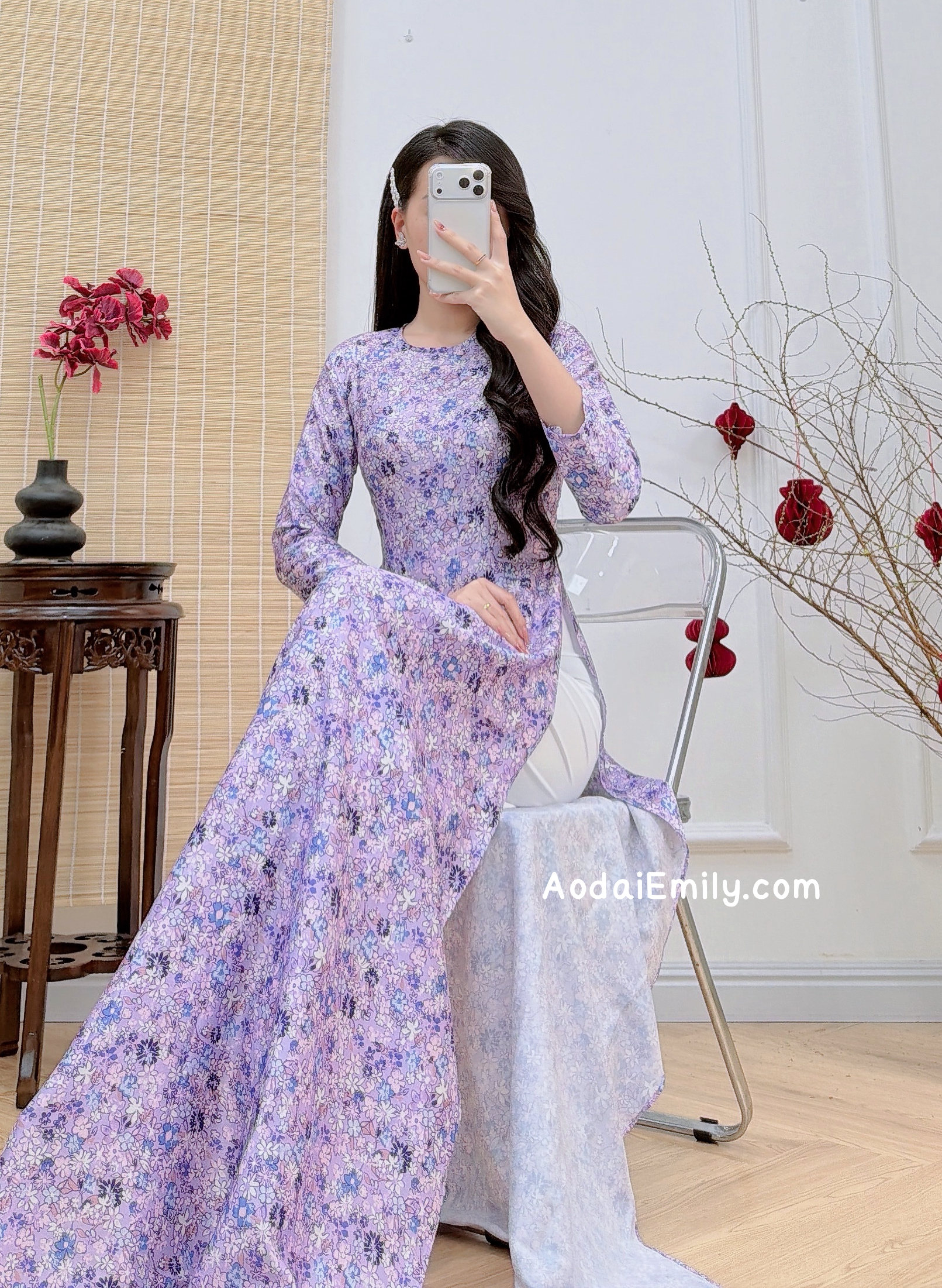 Printed Mini purple flowers patterns Ao dai