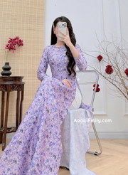 Printed Mini purple flowers patterns Ao dai