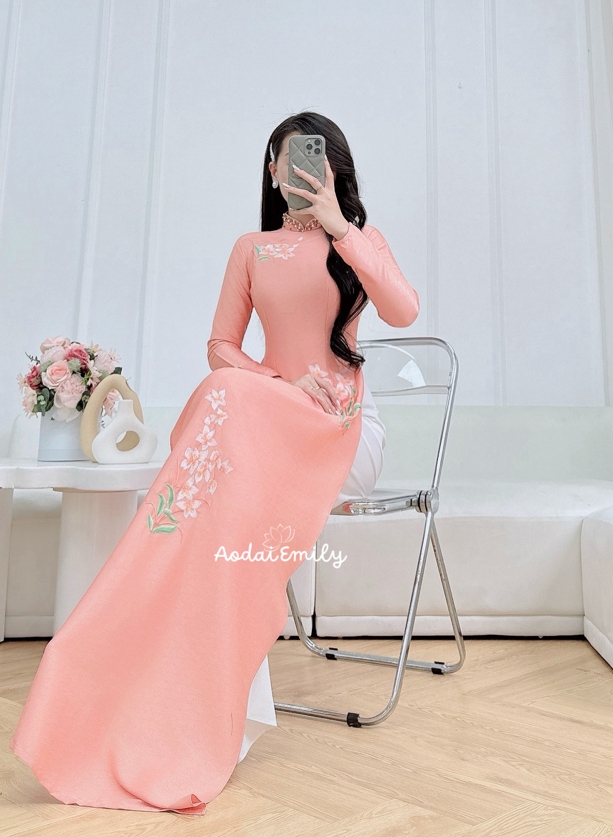 Pre made embroidery ao dai with hand beading crystals collar