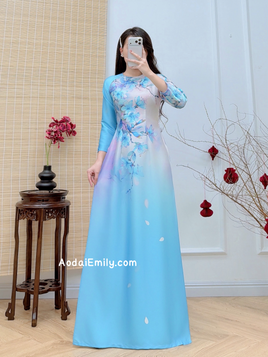 Baby blue Print flowers pattern Pre made ao dai