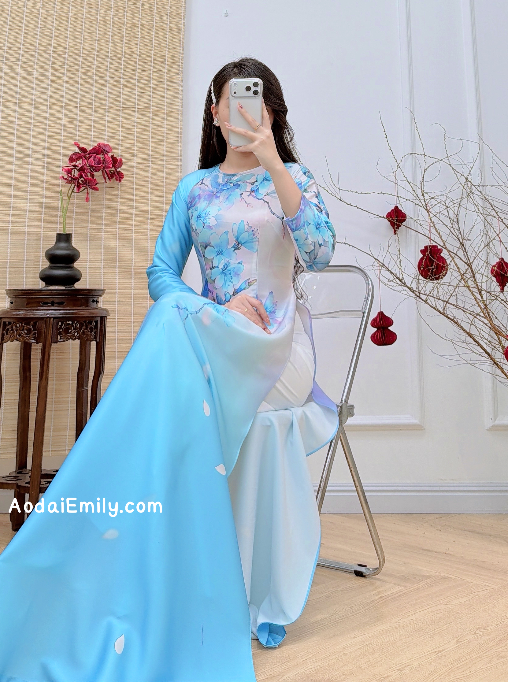 Baby blue Print flowers pattern Pre made ao dai