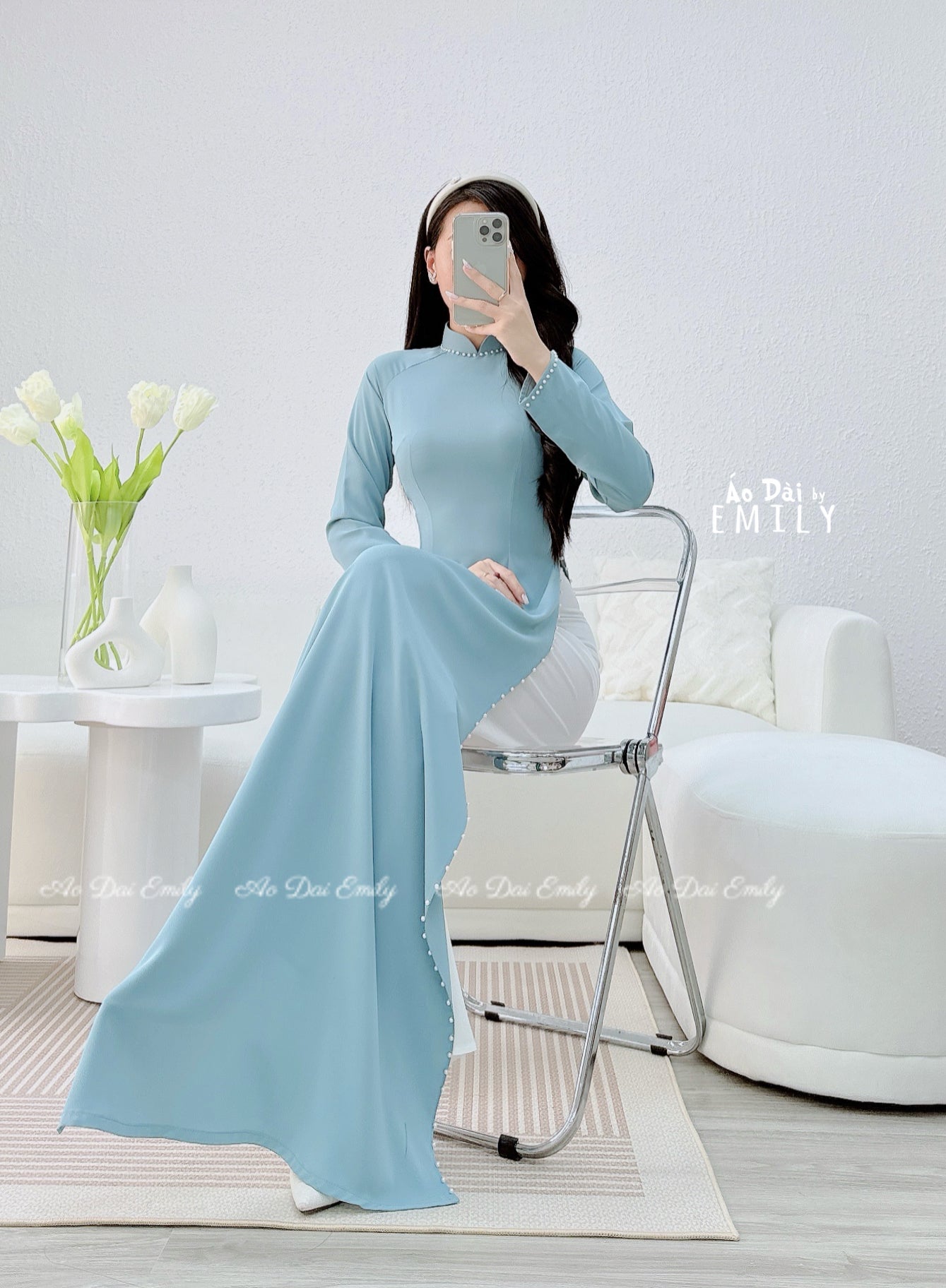 Plain dusty blue ao dai with pearls