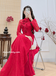 LILY OF THE VALEY  Red Lace and silk áo dài with 3D flowers