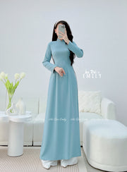 Plain dusty blue ao dai with pearls