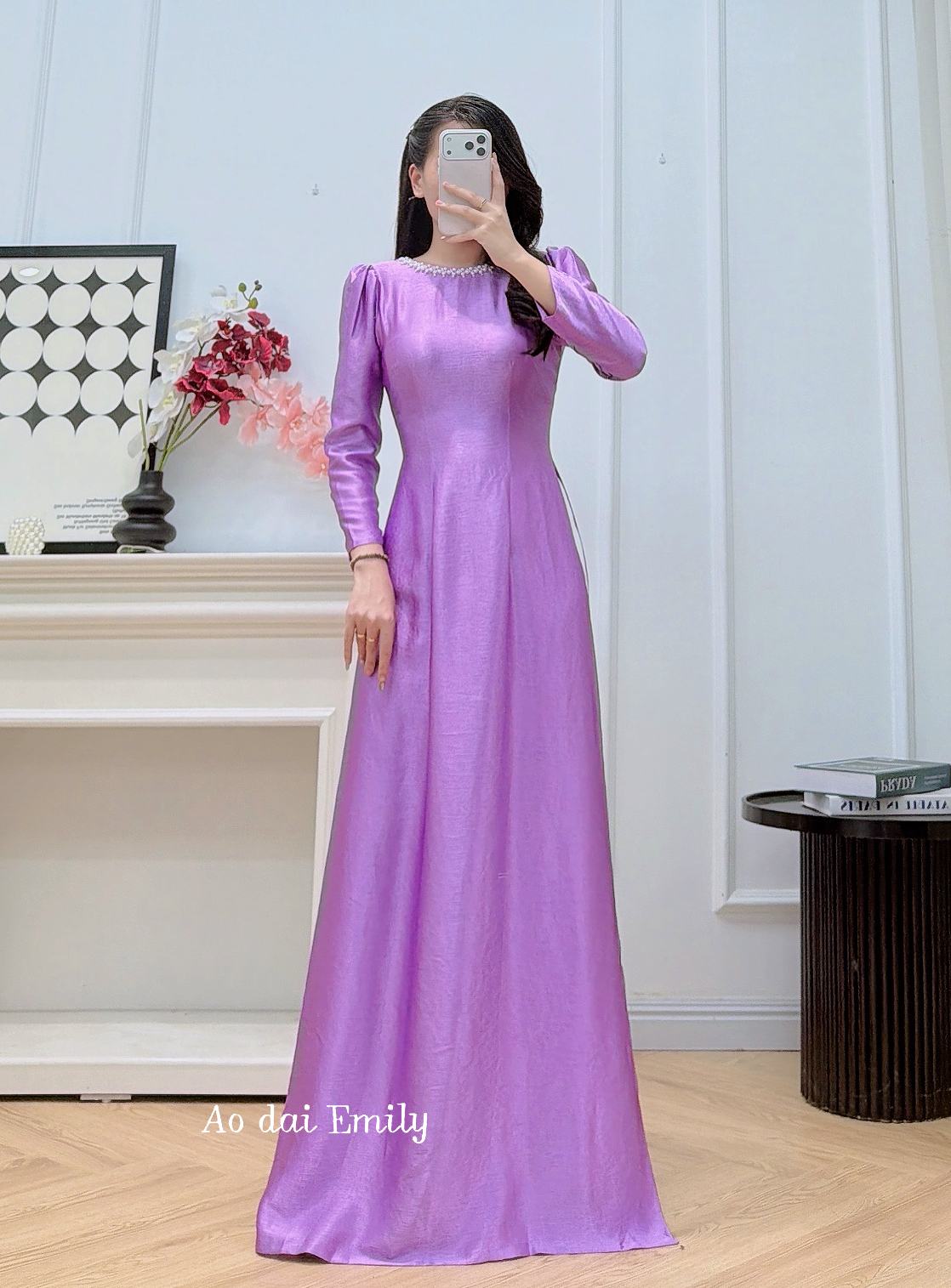 Purple Simple pearls beading collar ao dai | Violet