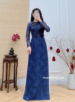 SWEET PEA Dark Blue Lace and silk áo dài with 3D flowers and crystals