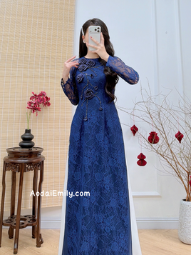 SWEET PEA Dark Blue Lace and silk áo dài with 3D flowers and crystals