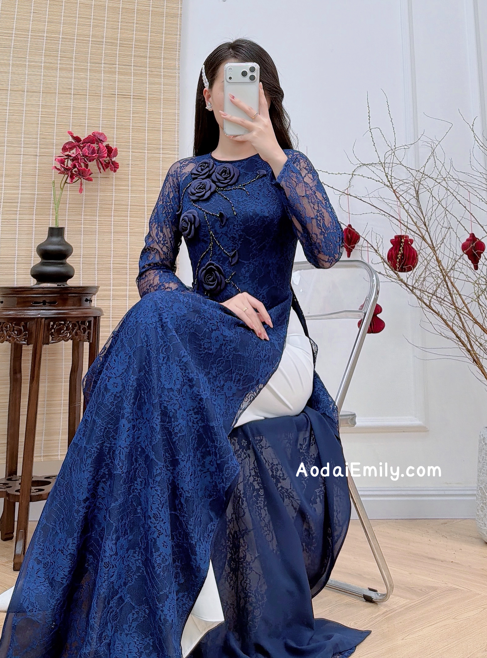 SWEET PEA Dark Blue Lace and silk áo dài with 3D flowers and crystals