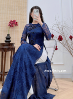 SWEET PEA Dark Blue Lace and silk áo dài with 3D flowers and crystals